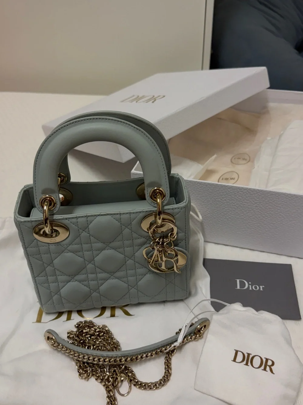 Dior Mini Lady Dior Top Handle Bag in Pale Slate Gray with Gold Hardware - Picture 1 of 10